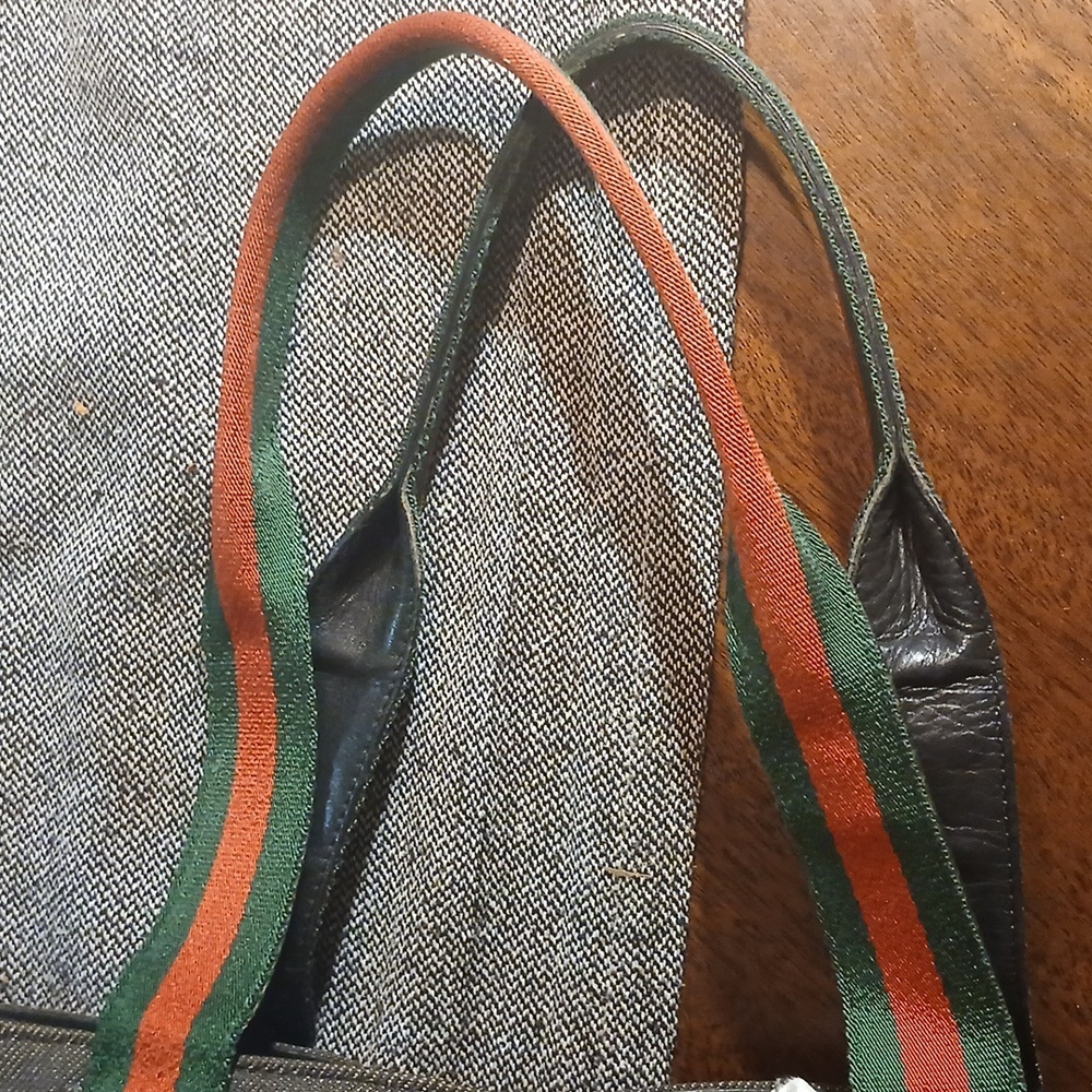 Authenti Gucci Web Sherry Line Shoulder Tote Bag Dark Gray And Black Canvas - Picture 10 of 15